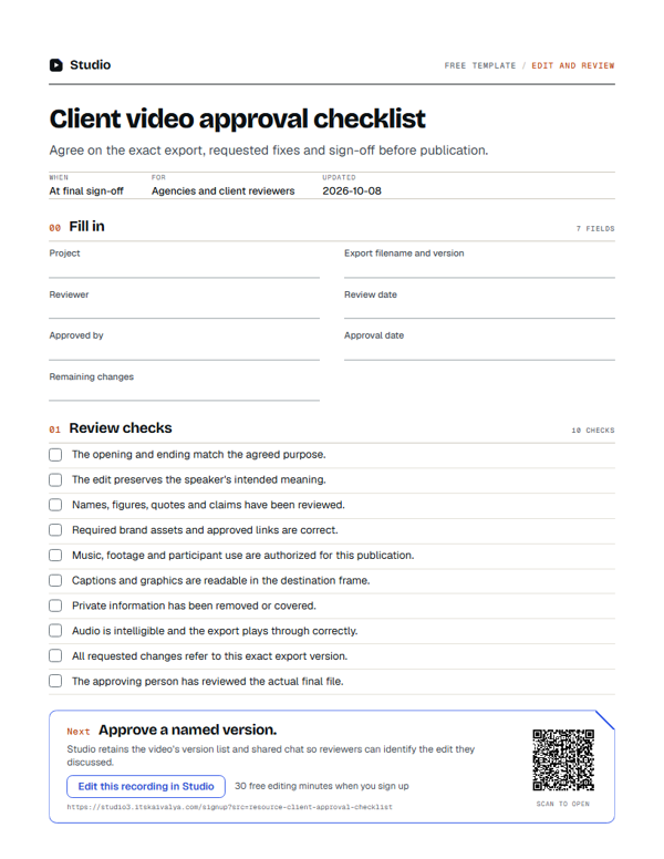 First page of the client video approval checklist