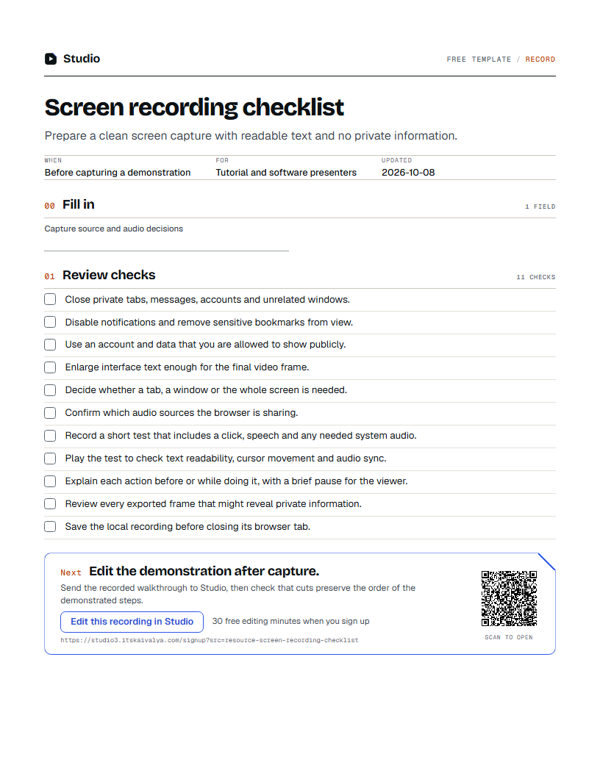 First page of the screen recording checklist