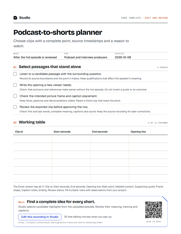 First page of the podcast-to-shorts planner