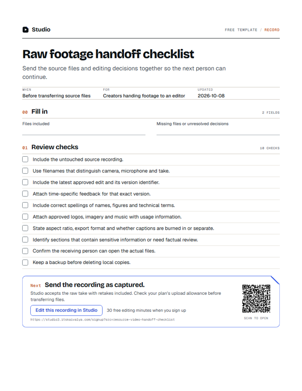 First page of the raw footage handoff checklist