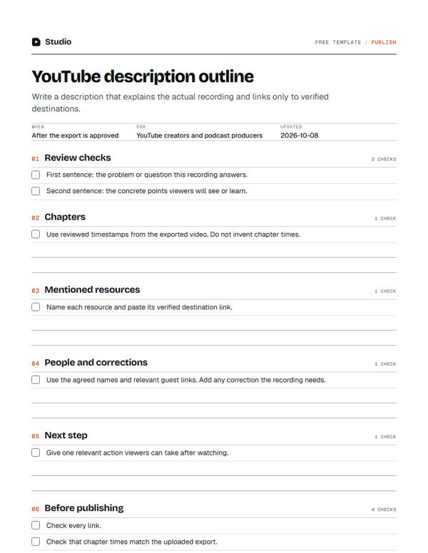 First page of the youtube description outline